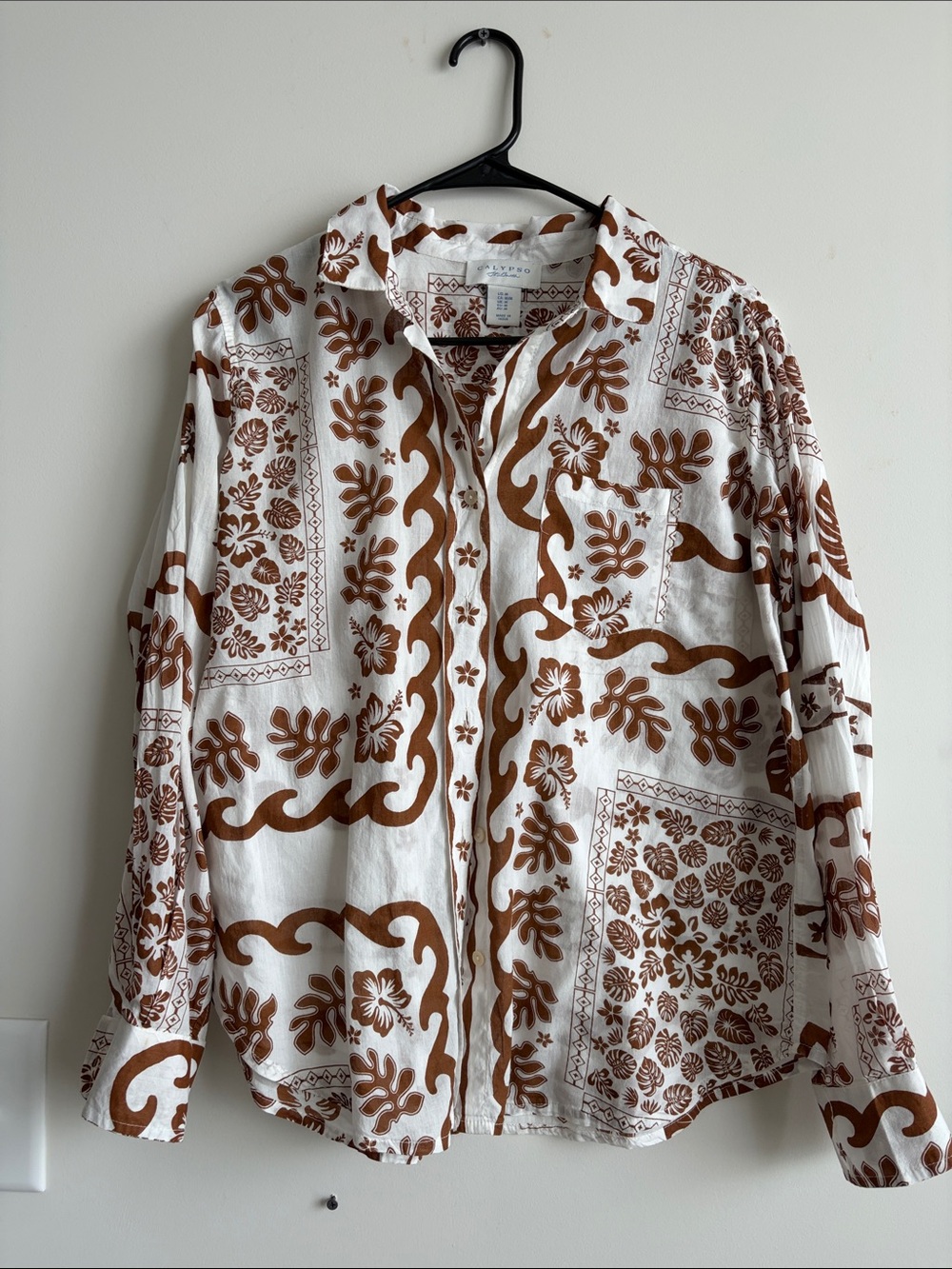 White & Brown Floral Button-Up Shirt - Calypso Size M